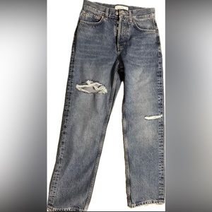 Topshop Brixton Ripped High Waist Dad Jeans in
Mid Blue